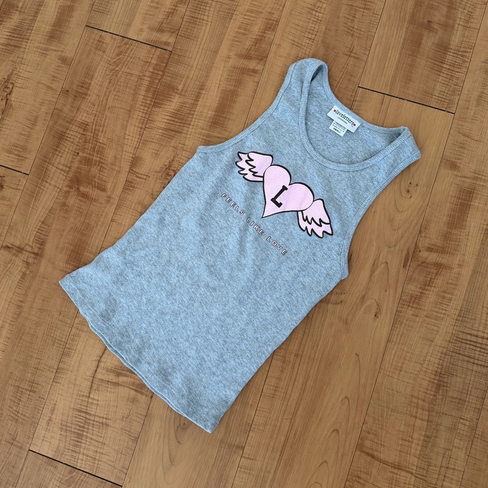 Feels Like Love Gray Ribbed Tank Top with Pink Heart Wings Graphic